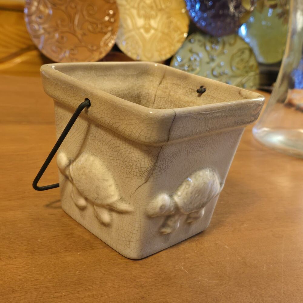 Vintage Turtle Square Ceramic Crackle Glaze Planter Pot With Iron Hook Handle 5" - Picture 4 of 5